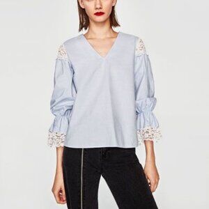 ZARA women 100% Cotton blue puff sleeve top white lace Medium v-neck longsleeves